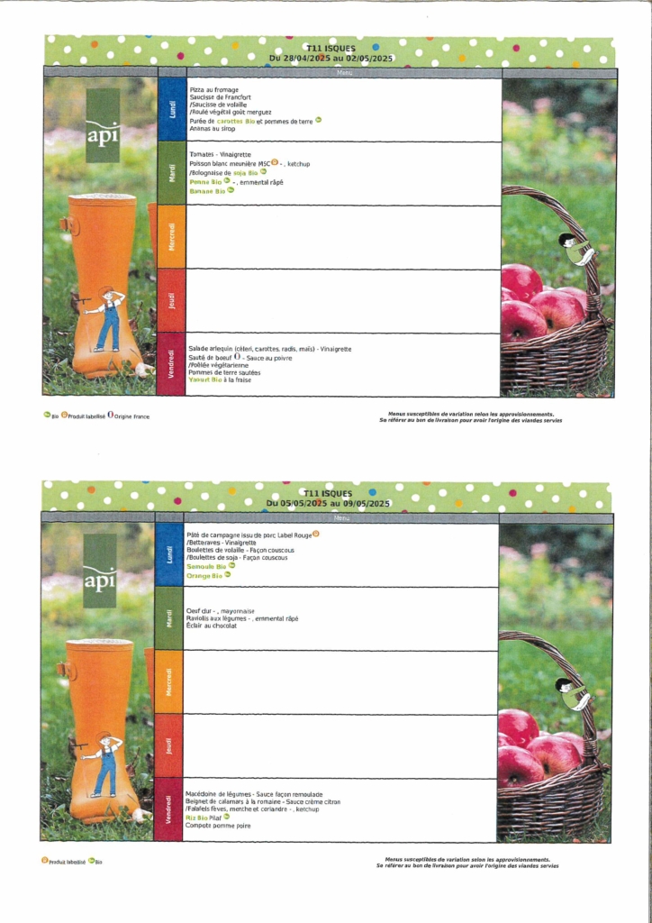 Menus de cantine du 28.04.2025 AU 09.05.2025
