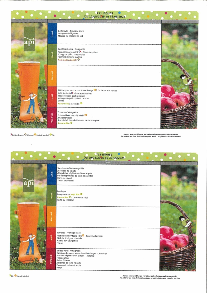MENU DE CANTINE DU 12.05.2025 AU 23.05.2025