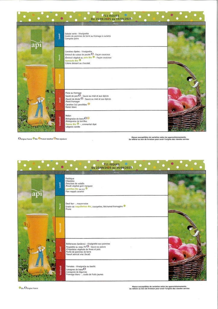 MENU DE CANTINE DU 15.09.2025 AU 26.09.2025