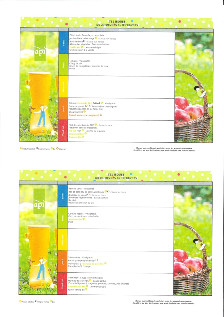 MENUS DE CANTINE DU 29.09.25 AU 10.10.2025