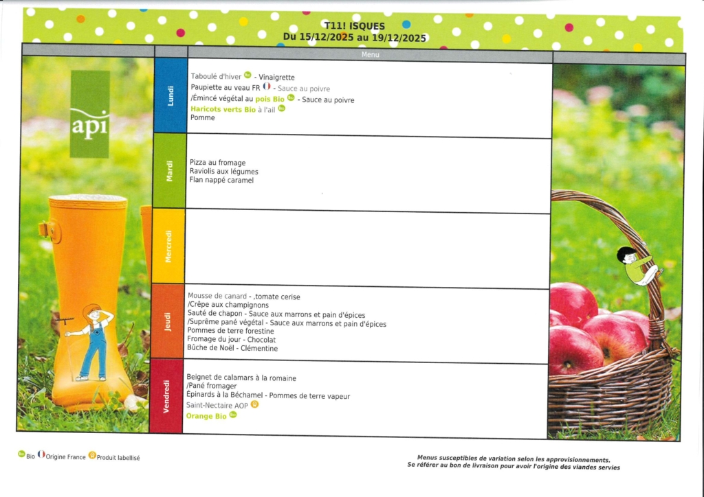 MENUD E CANTINE DU 15.12.25 AU 19.12.25