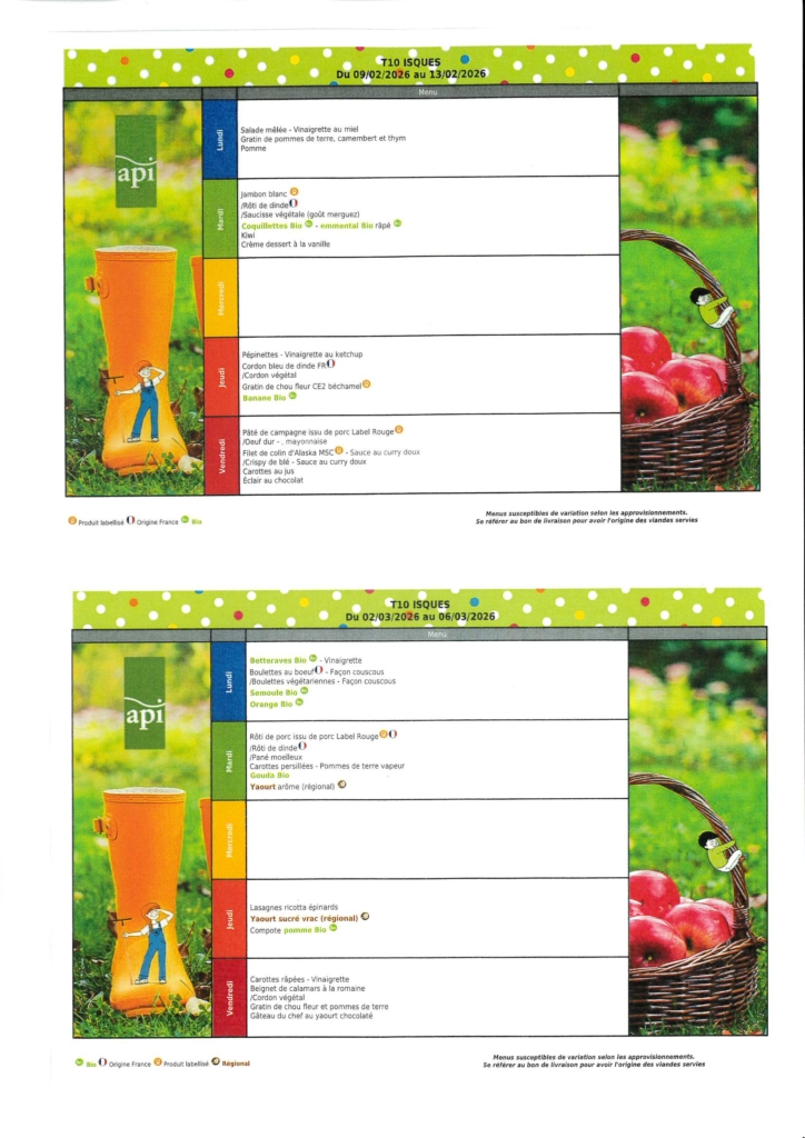 MENUS DE CANTINE DU 09.02.2026 AU 06.03.2026