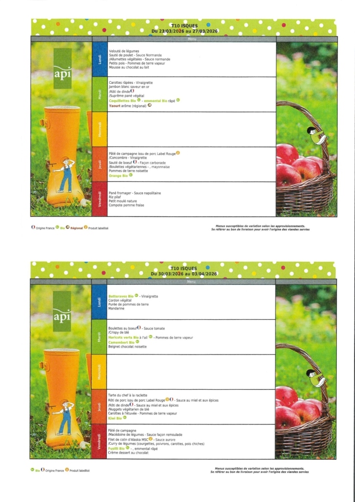 MENUS CANTINE DU 23.03.2026 AU 03.04.2026