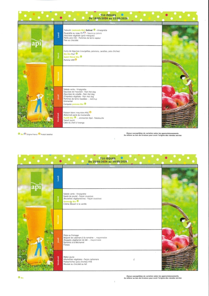 MENUS DE CANTINE DU 18.05.2026 AU 29.05.2026