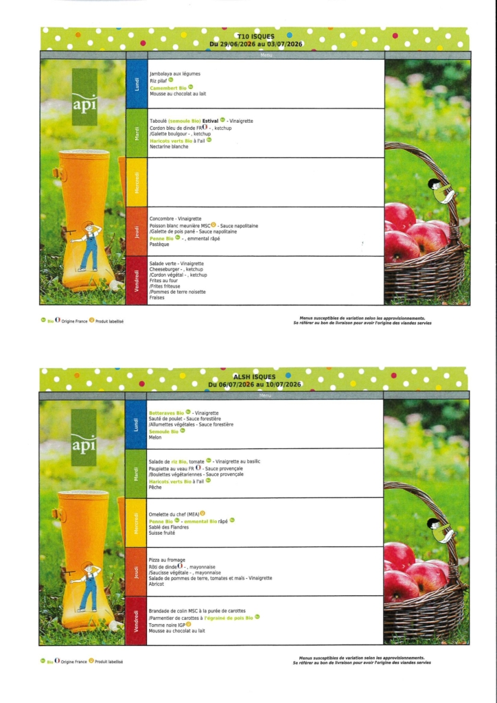MENUS DE CANTINE DU 26.06.2026 AU 10.07.2026