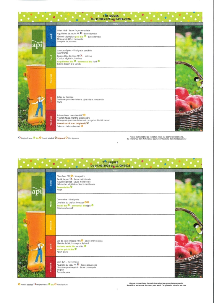 Menus de cantine du 01.09.2026 au 11.09.2026