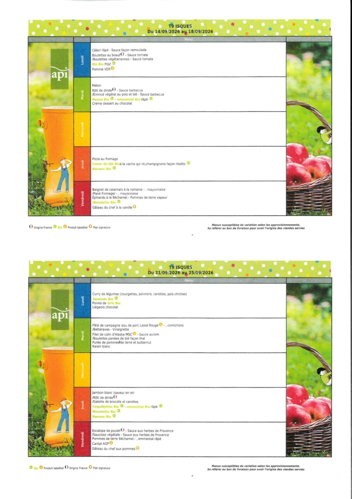 MENUS DE CANTINE DU 14.09.2026 AU 25.09.2026