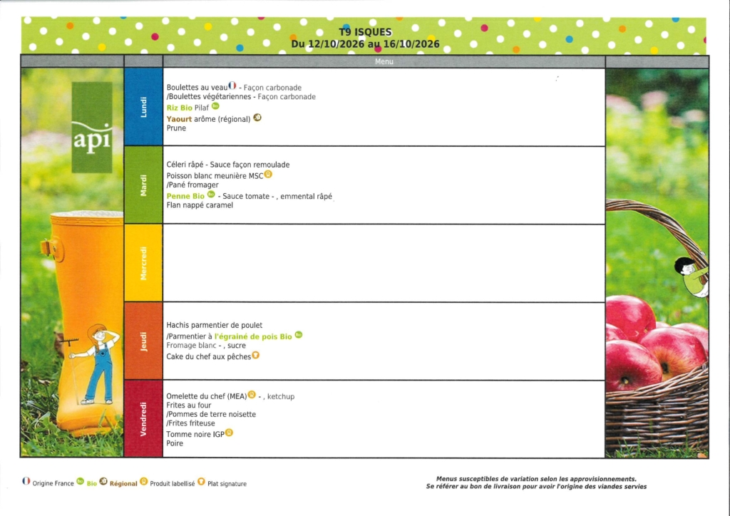 MENU DE CANTINE 12.10.2026 AU 16.10.2026